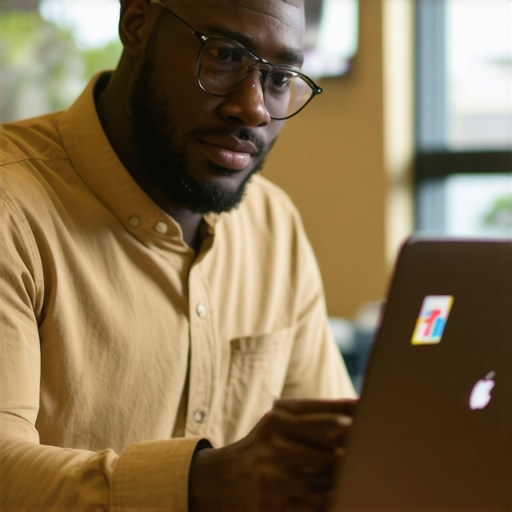 Business owner optimizing Google My Business profile on a laptop with community visuals