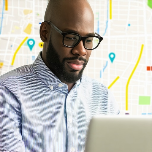 Business owner reviewing local SEO data and maps for Map Pack optimization.