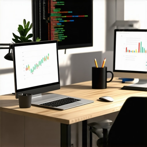 SEO analytics dashboard with schema markup code on screens.