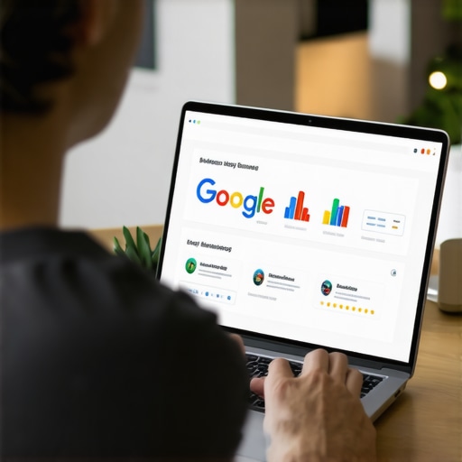 Business owner updating Google My Business profile on a laptop, with review and analytics data visible.