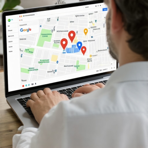 Businessman reviewing local SEO and Google Map rankings on a laptop.