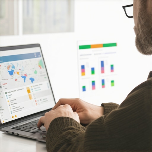 Deep dive into local SEO nuances for maps lead generators Business owner studying local SEO analytics on laptop with maps and graphs.