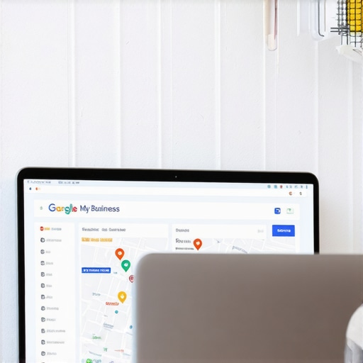 Business owner updating GMB profile on laptop with local maps background