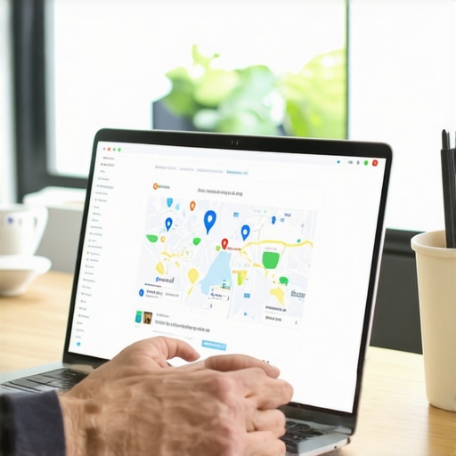Business owner updating GMB listing on laptop, focusing on local SEO features.