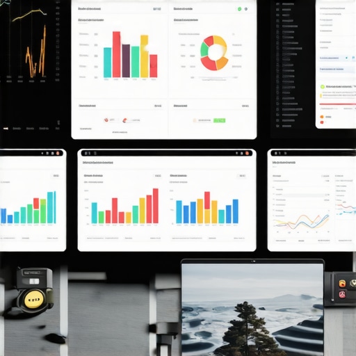 A workspace with computers displaying SEO analytics dashboards and reputation management tools.