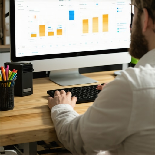 A person analyzing local SEO data on a laptop with various marketing tools around