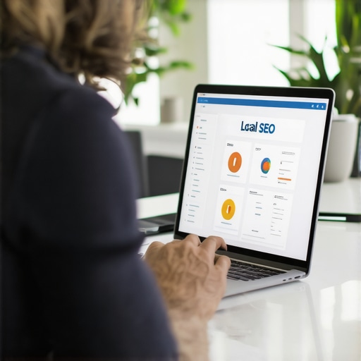 Business owner monitoring local SEO rankings with digital tools