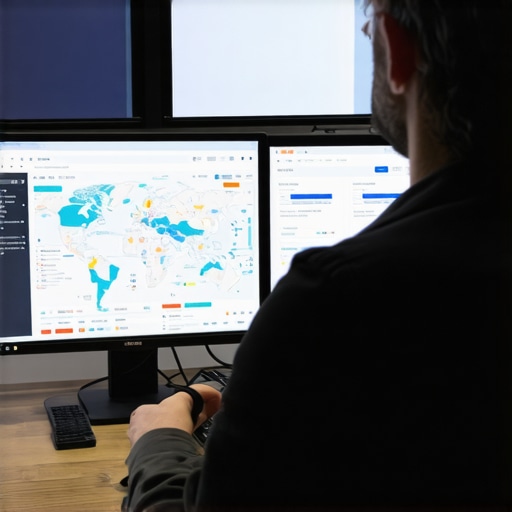A marketer analyzing Google Maps ranking data on computer screens.
