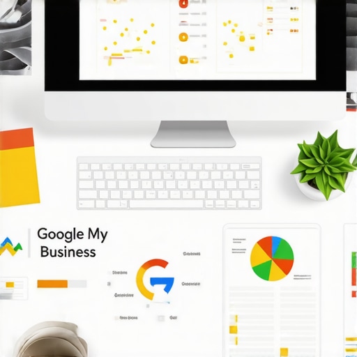 Digital Marketing Workspace with SEO Tools Desk with laptop displaying local SEO analytics and GMB insights, illustrating tools for maintaining map pack rankings.