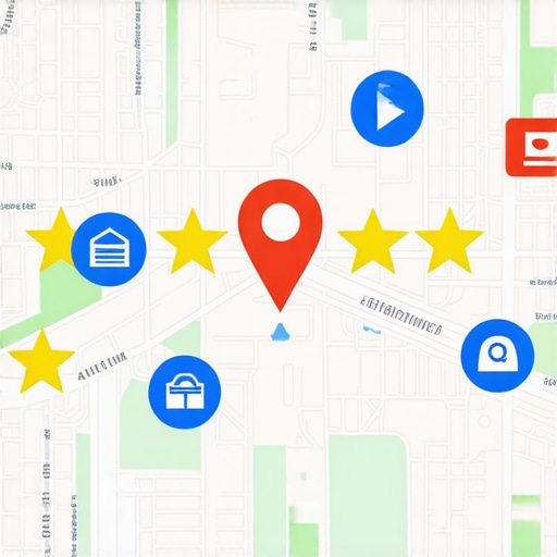 Google Maps illustration showing local business icons with AI signals and engagement icons