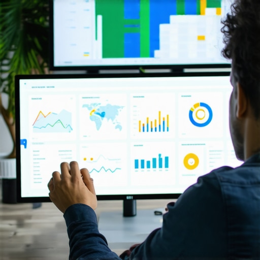 Person reviewing SEO analytics on multiple monitors with maps and graphs.