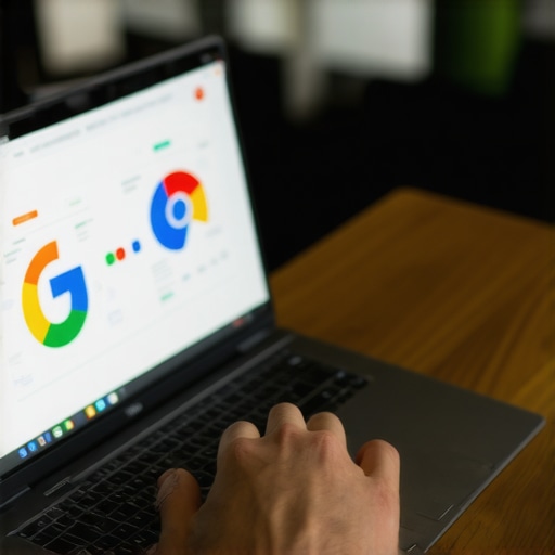 A person working on Google My Business profile with analytics charts.