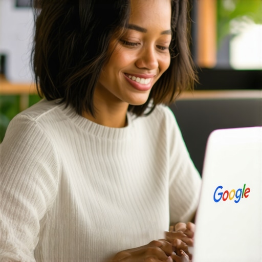 Business owner updating GMB profile on laptop for better local rankings.