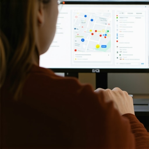 Person updating Google My Business profile on computer with maps and analytics