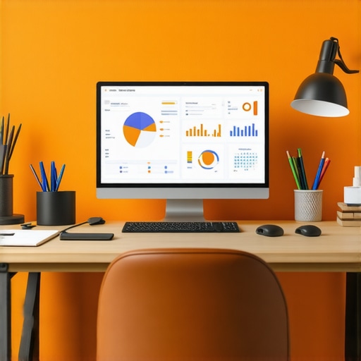 Desk setup with SEO and rank tracking tools showing progress charts and analytics.