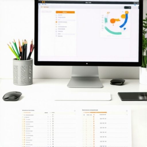 Desk with SEO software and analytics reports for local ranking tracking.