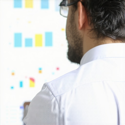 Business owner examining map rankings with charts in a clean office environment.