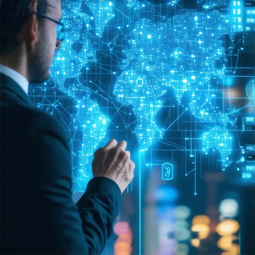 Businessman studying futuristic digital map of local SEO signals.