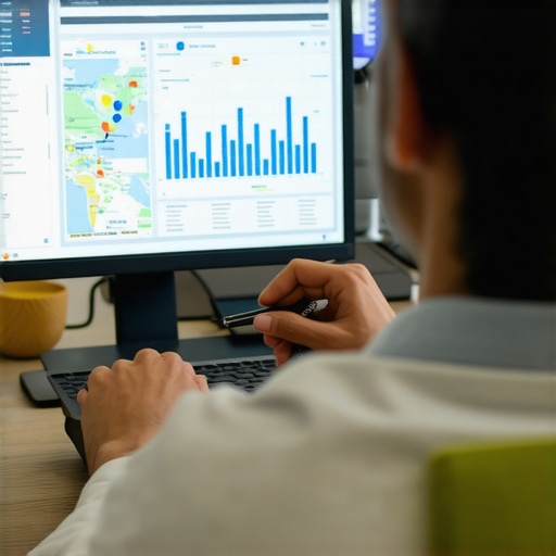 Business owner reviewing Google My Business and local ranking graphs on a computer screen.