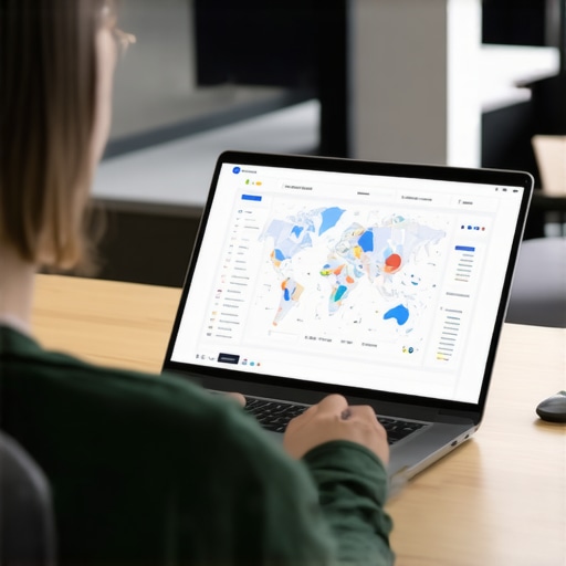 Business owner analyzing local SEO metrics and map rankings using digital tools in a workspace.