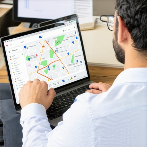 Man updating his Google My Business listing on a laptop with maps and analytics data.