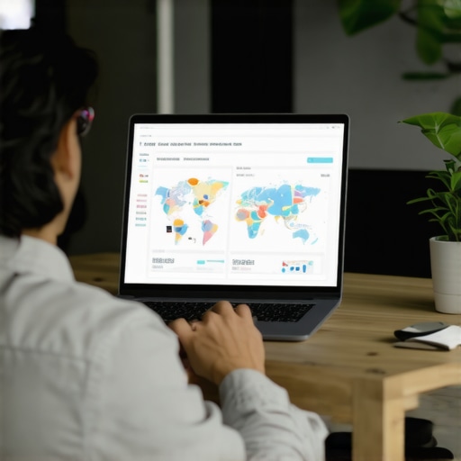 An individual analyzing local SEO metrics with various tools and maps on a laptop screen.